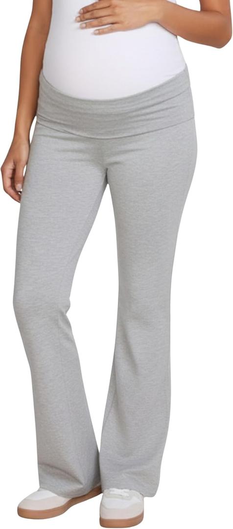 Motherhood Maternity Women's Full Length Roll Over Waist Lightweight Lounge Flare Pregnancy Yoga Pants (Heather Grey)