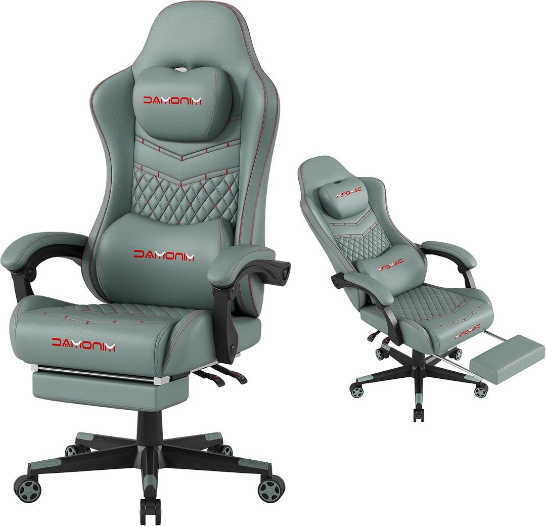 Gaming Chair,Ergonomic Computer Gaming Chair,400lb Load-Bearing,Retractable Footrest/Waist Support/Ergonomic Backrest[Spring + 4D Sponge] (Green), XX-Large