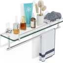 20-Inch Tempered Glass Bathroom Shelf with Towel Bar - Brushed Nickel & Stainless Steel, Wall Mount Rustproof Tower Holder with Shelves, 20-inch with Railing