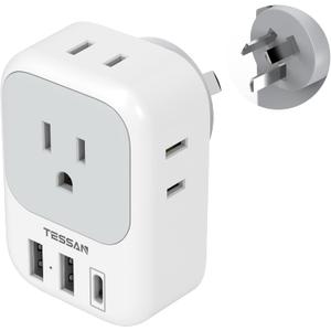 Australia New Zealand Power Adapter, TESSAN Type I Travel Adaptor with 4 American Outlets 3 USB Charger (1 USB C Port), Plug for US to Australian China Argentina Fiji Cook Islands AU