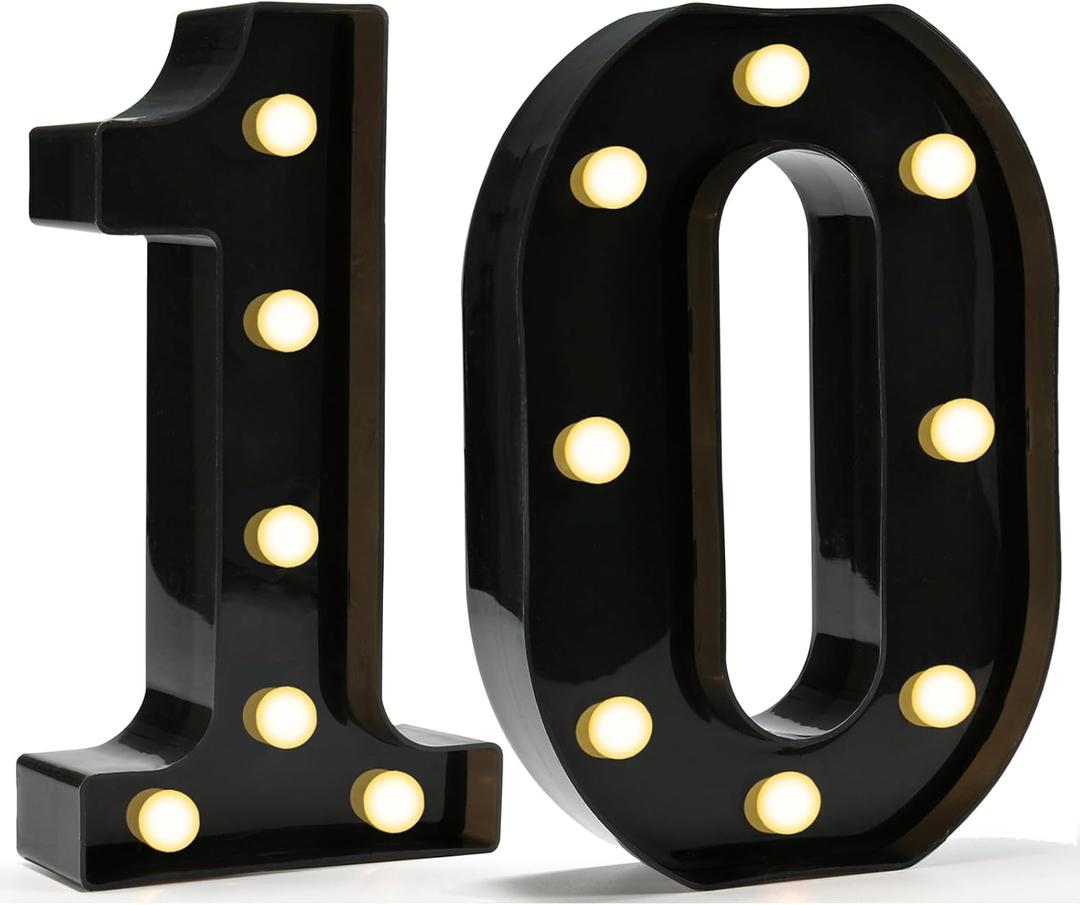 Pooqla Decorative Led Light Up Number Letters, Black Plastic Marquee Number Lights Sign for 10th Birthday Party Wedding Decor Battery Operated Black Decoration 10