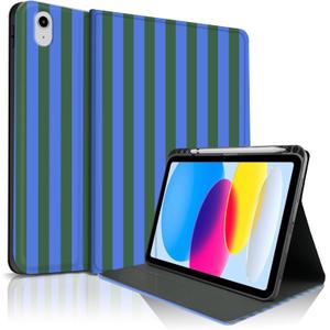 TopPerfekt Case for iPad 11th (A16) 11-inch 2025/10th Generation 10.9-inch 2022, Striped Cute Girly Collegiate Style Case with Pencil Holder for Kids, Boys, Girls, Anti-Slip/Anti-Shock-Deep Blue Green