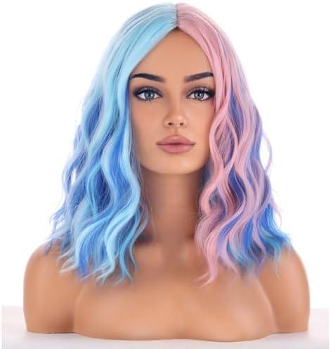 BERON Blue and Pink Wigs for Women Short Curly Bob Wavy Wig Girls Colorful Body Heat Resistant Synthetic Hair Wig Cosplay Daily Party Wigs