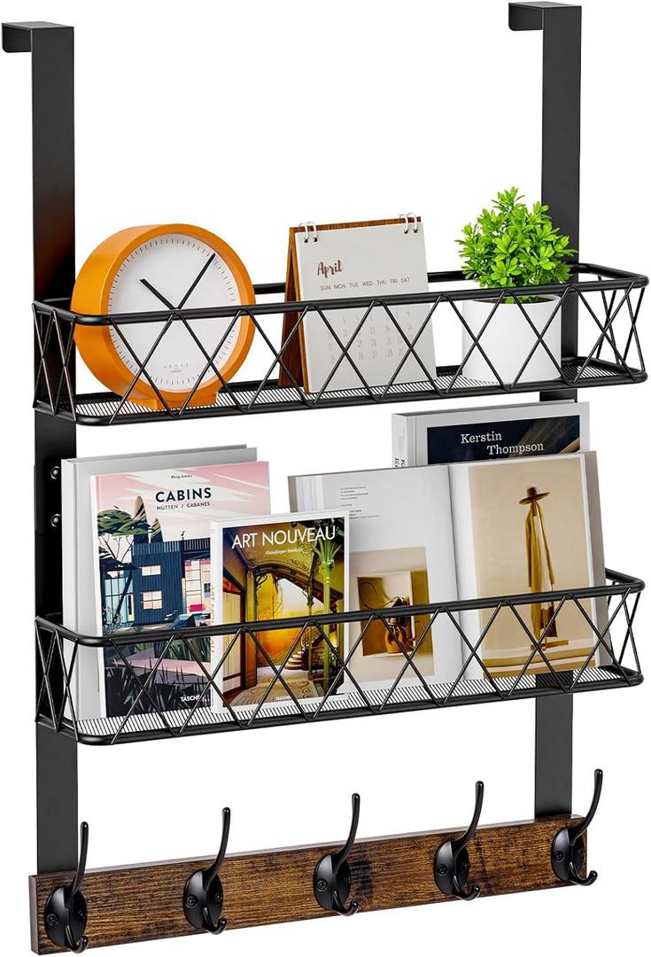 Over The Door Hooks Organizer - Door Coat Hanger with 10 Hooks & 2 Baskets, Back Storage Organizer for Hanging Towels, Clothes, for Bathroom, Bedroom, Kitchen, Rustic Brown