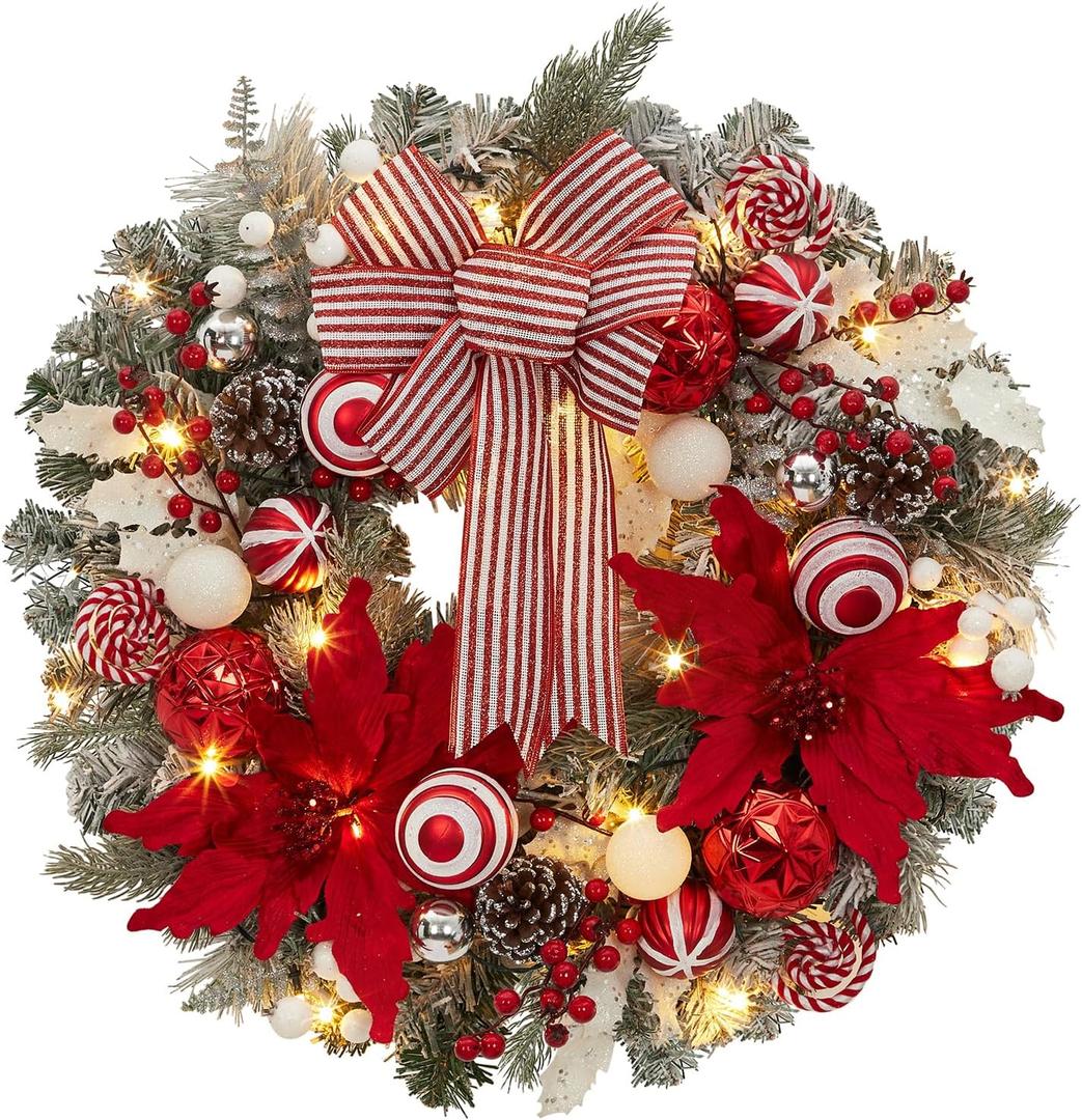 Pre-Lit Christmas Wreath for Front Door, 24 Inch Large Lighted Wreath with Xmas Balls, Artificial Flower & Bow, Battery Operated Christmas Wreath for Fireplace Window Wall Decor, Red & White