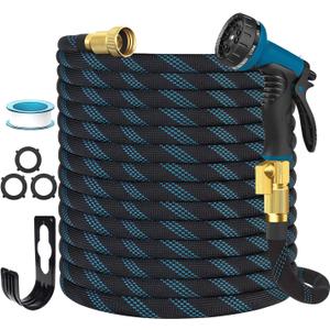 Garden Hose Non-Expandable 50 ft, Lightweight Flexible Water Hose with 10-Pattern Spray Nozzle, Leak Proof, Kink-Free, Portable Hose for Yard, Lawn, Camper, High-Density Fabric, Black Blue