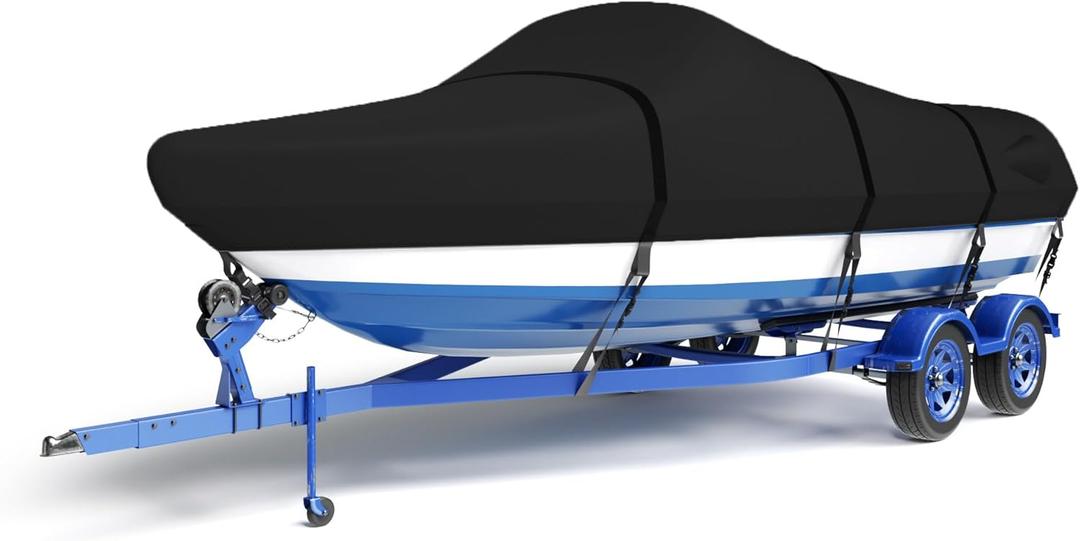 600D Waterproof Boat Cover, 20-22' Marine Grade Heavy Duty Trailerable Anti-UV Polyester Canvas, Fits 20-22ft Bass Boat, V-Hull, Fish & Ski,Black