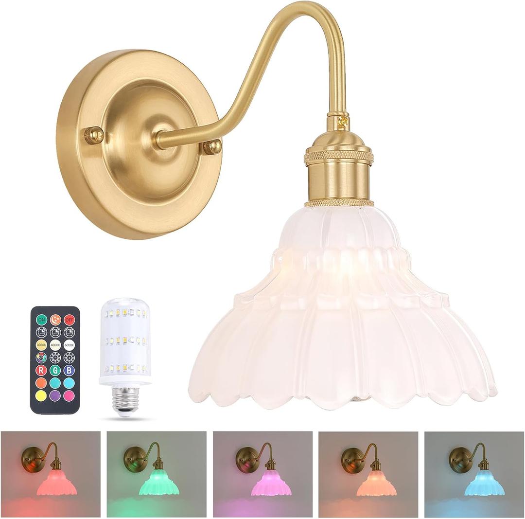 Shenmoyl Battery Operated Wall Sconce, Vintage Rechargeable Wall Lights with White Lily Glass Shade, Wireless Indoor Wall Lamp for Bedroom Living Room Bathroom Hallway, Short Lily-White, 1Pack-Battery Operated