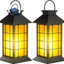 2 Pack 13" Black Solar Lantern with Flickering Flame Candle | Outdoor Waterproof Hanging Solar Lanterns, Metal & Glass Lights for Garden Decoration, Rustic Gifts for Mom