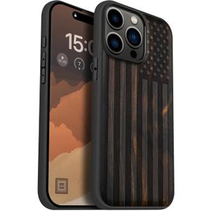 Carveit Magnetic Wooden Case for iPhone 15 Pro Max Case, Compatible with MagSafe Wireless Chargers, Black Soft TPU Shockproof Cover & Wood Artisan Engraved (American Flag) - Blackwood