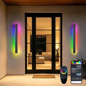 2 Pack Outdoor RGB Long Wall Lights,31.3inch Wall Lights RGB/Warm/White Dimmable Modern Led Wall Lighting, Ip65 Waterproof Wall Sconce with Remote APP Control for Outdoor/Indoor Party Gathering, 31inch WIfi
