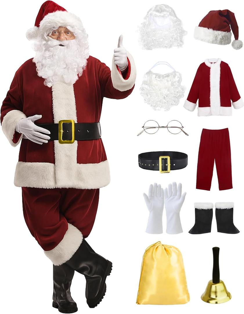ADOMI Santa Claus Costume for Men Adults Santa Suit 11pcs Mens Red Deluxe Christmas Clause Outfit Cosplay Vacation Suits Set (Large)