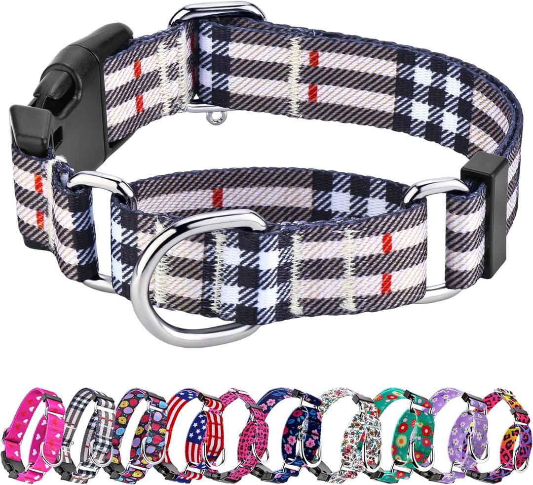 Hikiko Plaid Dog Collar for XSmall Puppy Dogs with Adjustable Nylon Martingale Collars Quick Release Buckle (Beige Plaid,X-Small)