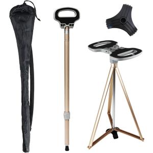 Cane with Seat 2-in-1 Portable Walking Stick with Seat for Men & Women Folding Lightweight Sturdy Tripod Cane Foldable Stool Mobility Aid Crutch Chair with Travel Bag for Elderly, Seniors & Handicap (white golden)