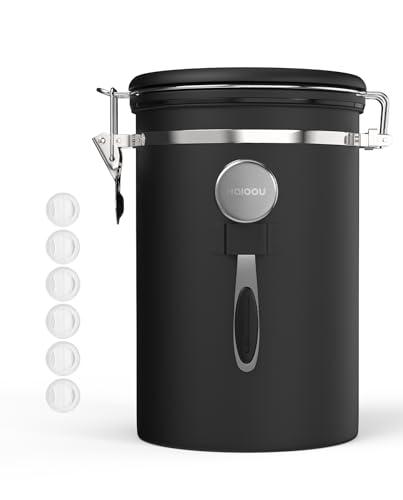 HAIOOU Large Coffee Canister, 38OZ Oversized Stainless Steel Coffee Bean Storage Container with Date Tracker, Measuring Scoop, CO2 Releasing Valves for Beans, Grounds and more - Black