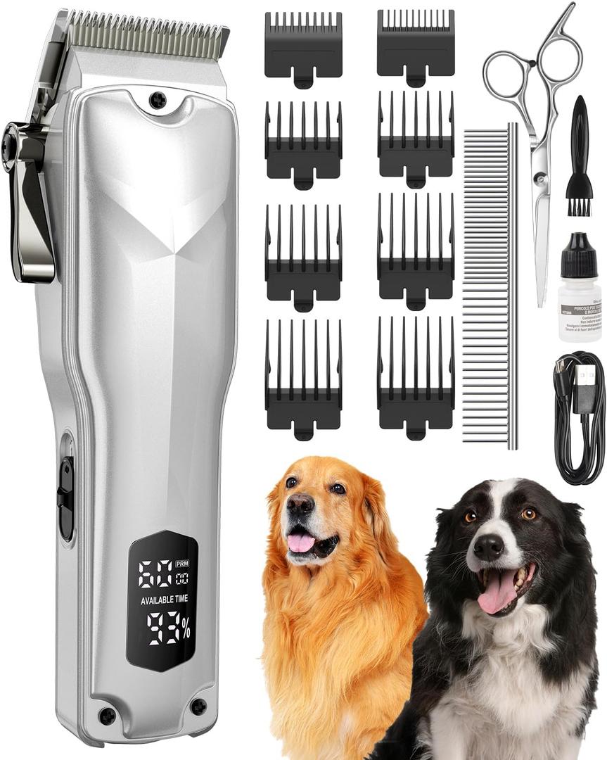 Dog Clippers for Grooming  Cordless Pet Hair Trimmer for Thick Coats, Low-Noise Dog Grooming Kit with Stainless Steel Blade for Large Dogs & Other Pets