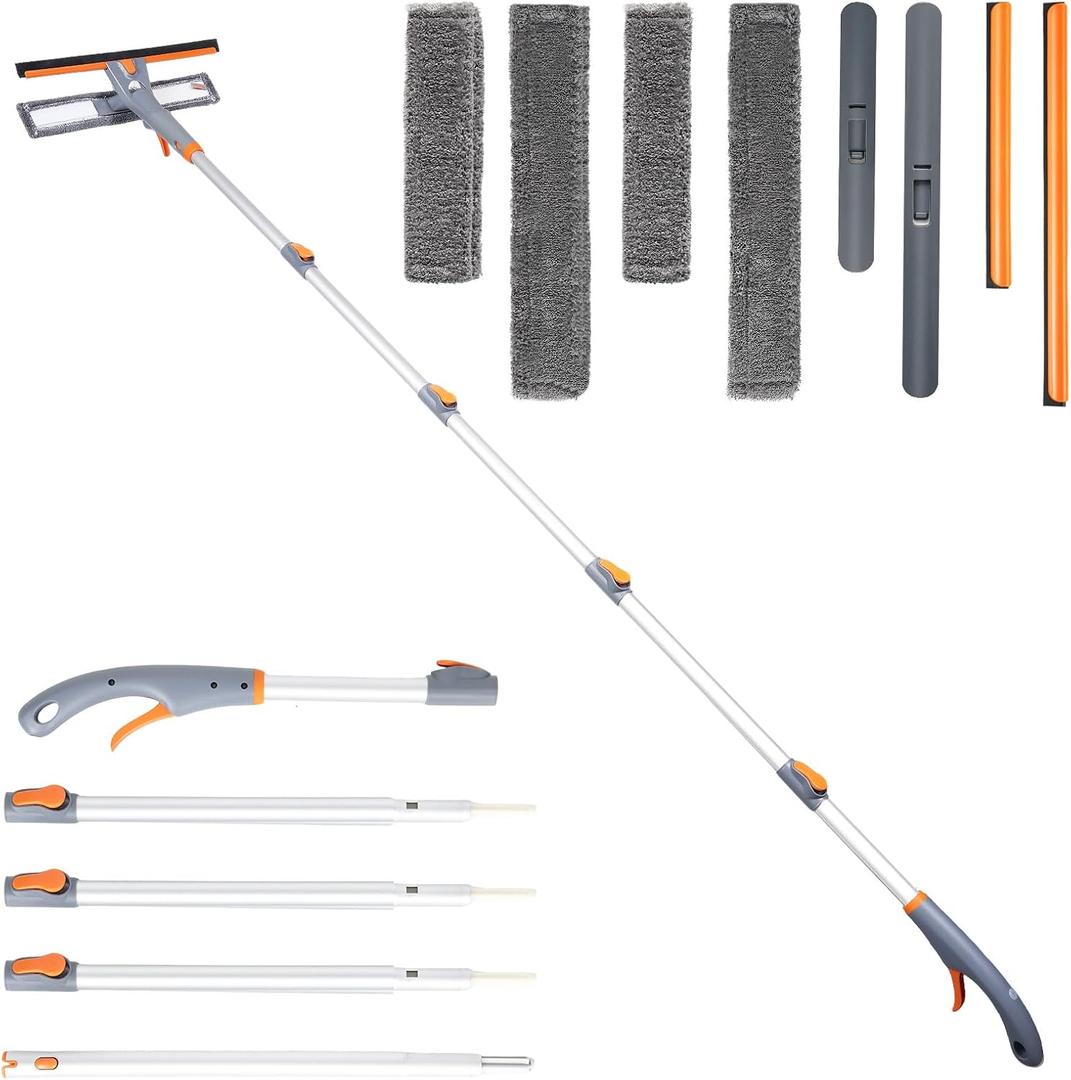 Eazer 3-in-1 Spray Window Squeegee Cleaner, 76" Window Washing Kit with 5-Section Extension Pole, Microfiber & Chenille Pads, Glass Wiper for Indoor/Outdoor & Car