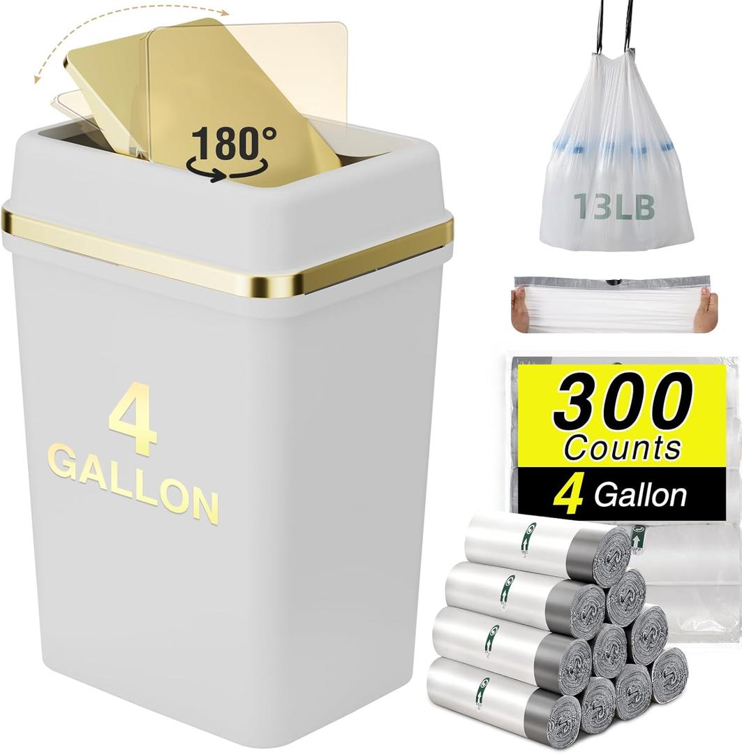 Bathroom Trash Can with Lid 4 Gallon Trash Can Small Garbage Can White Trash Can with 300 Counts Trash Bags for Kitchen Bedroom Office Dorm