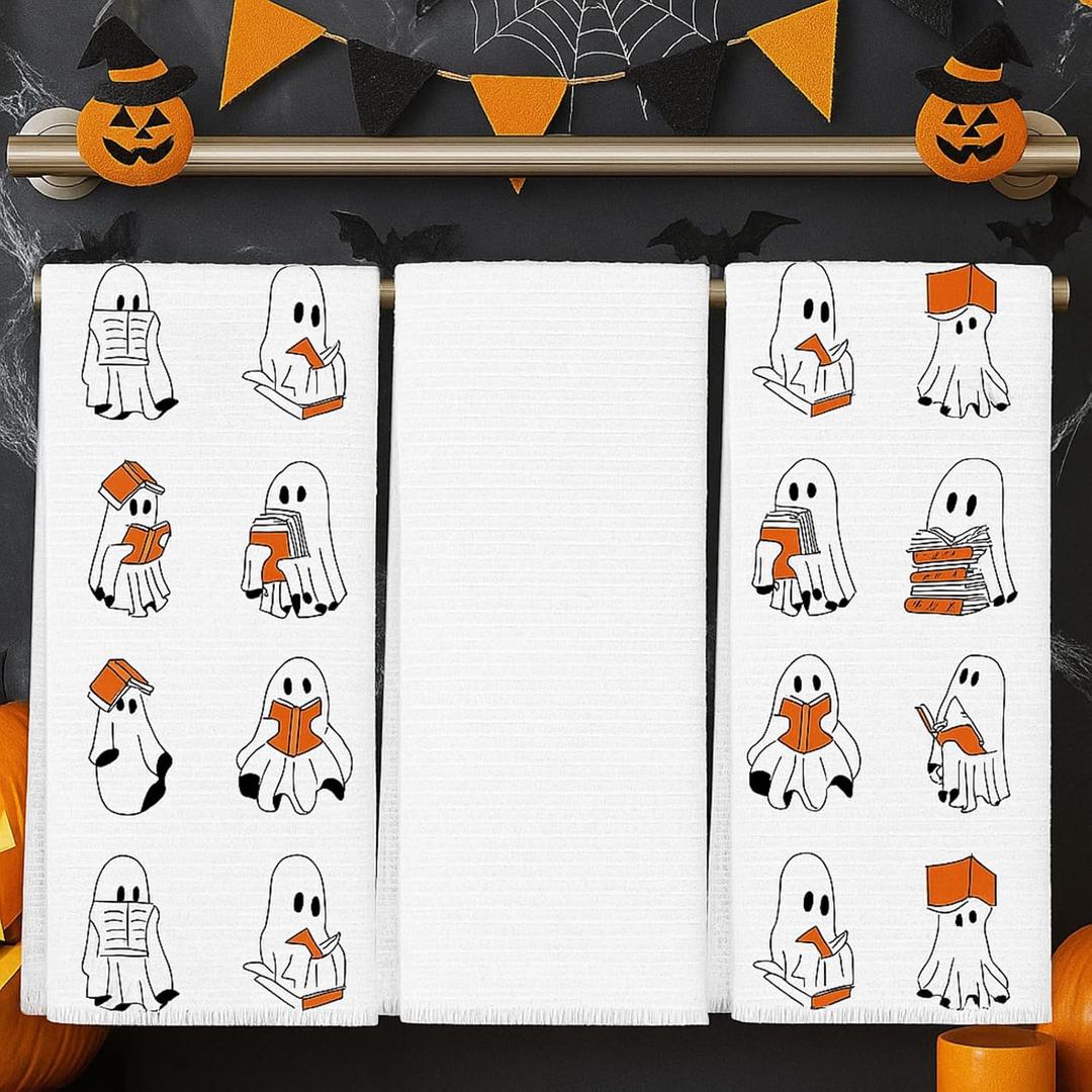 Oudain 3 Pcs Halloween Reading Ghost Decorative Kitchen Towel 21" x 28" Decorative Hand Towel for Bathroom, Cute Ghost Waffle Weave Dishcloths for Halloween Holiday Supplies Book Reader Gift