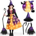 Spooktacular Creations Girls Light Up Bat Witch Tutu Costume, Toddlers Dress with Hat Broom for Kids Halloween Themed Parties (Small (5-7 yrs), Purple)