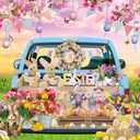Spring Easter Backdrop Happy Easter Eggs Blue Car Floral Garden Photography Background Kids Children Baby Shower Birthday Home Party Decorations (7x5FT)
