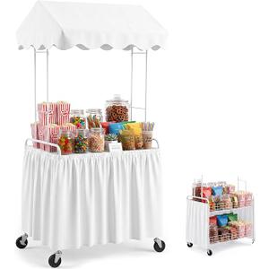 Mobile Candy Cart for Party Foldable Vendor Cart with Wheels Easy to Assemble, Hidden Storage, with Canopy and Table Skirt, White DIY Dessert Cart for Ice Cream,  Item Weight 29.5 pounds Item dimensions L x W x H 37.8 x 25 x 5.51 inches