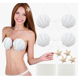 Zoooyawn 4 Sets Shell Bra Costume 4 Pcs White Seashell Bikini Top with Cord 8 Pcs Starfish Hair Clip 8 Sheets Pearl Stickers Mermaid Cosplay Accessories for Women Mermaid Party
