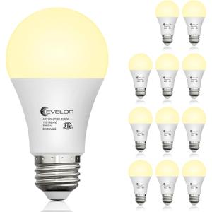 evelor 12-Packs A19 LED Light Bulbs,Soft White 2700K,Dimmable,E26 Base,9W