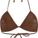 WDIRARA Women's Goth Skull Triangle Halter Bikini Top Rhinestone Tie Back Swimsuit Tops Swimwear (Brown, L)