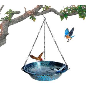 Hanging Bird Bath for Outdoors 11.4 inch Birdbath Bowl Window Birds Feeder with Rust-Proof Black Chains Hooks Metal Hanging BirdBaths Hanging Bird-Feeder for Garden Backyard Decor Blueblack