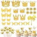 37 PCS Crown Cake Topper Mini Gold Crown Butterfly Disco Ball Decorations for Women Wedding Birthday Supplies (Gold)