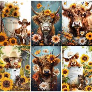 EWJRNSF 6 Pack 5D Diamond Painting Kits for Adults, Highland Cow Diamond Arts Kits Diamond Art Sets,Gem Painting by Number Kits for Adults Beginners Home Wall Decor 11.8x15.7 Inches