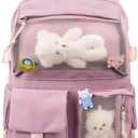 Thanps Kawaii Backpack for Girls, Cute Aesthetic Backpack with Pin Accessories Plush Pendant for School Girl Bookbag (Pink)
