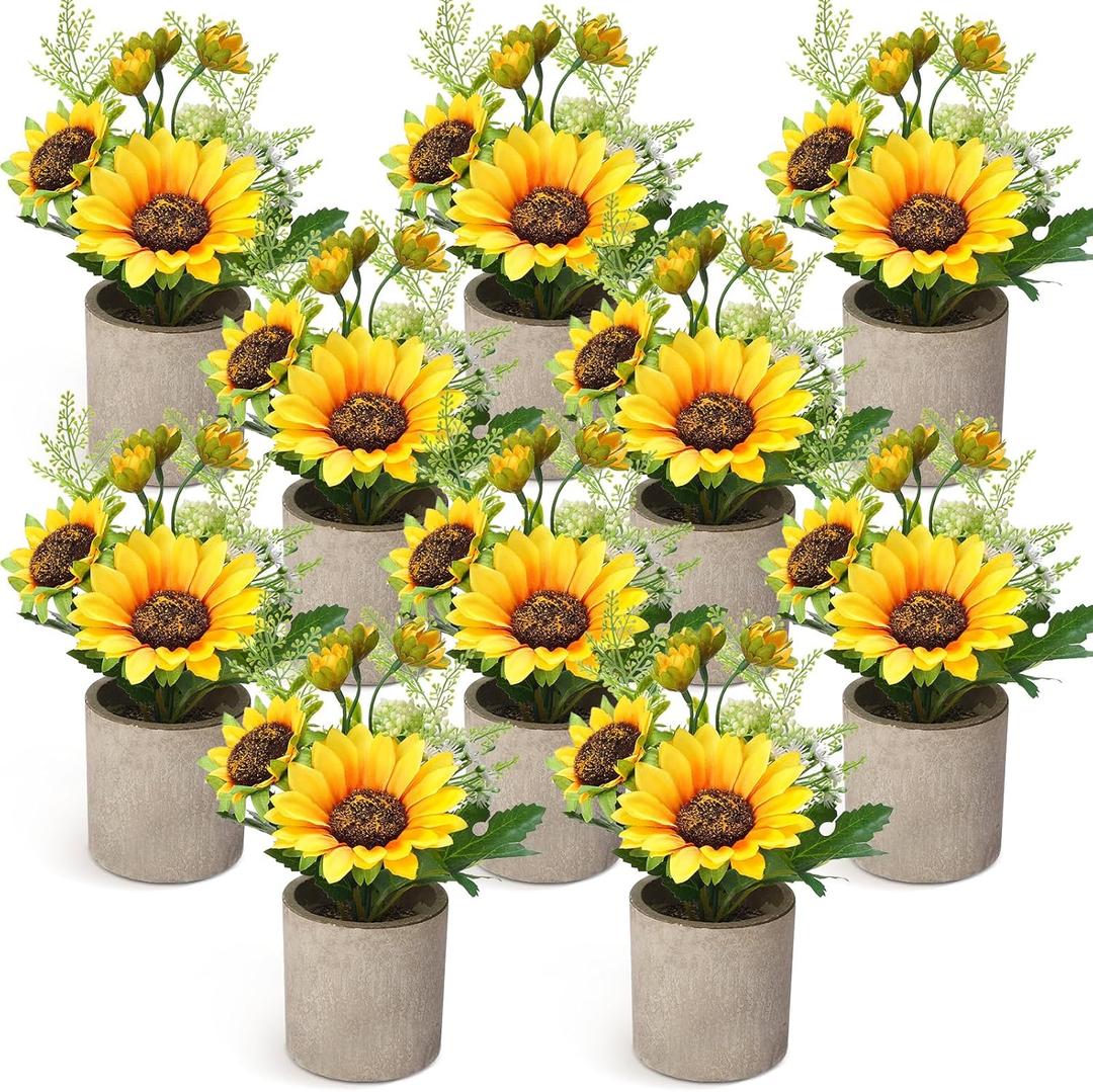 Zeyune 10 Pcs Summer Sunflowers Artificial Flowers Bouquet with Pots Rustic Faux Fake Sunflower Tables Centerpieces for Wedding Home Dining Kitchen Decorations