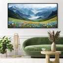 KLAKLA Mountain Wall Art - Large Landscape Living Room Wall Decor Rustic Wild Daisies Misty Forest Snowy Mountains Canvas Picture Framed Artwork for Walls - 48x24 Inches