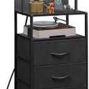 WLIVE Tall Nightstand with Charging Station, LED Night Stand with 4 Drawers and Storage Open Shelves, Fabric Dresser for Bedroom, Office, Black, 1 Piece
