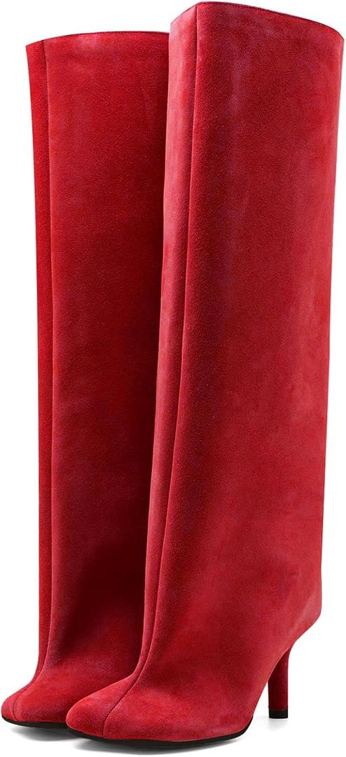 Women's Knee High Suede Boots for Women Wide Calf Square Toe Stiletto Heels Tall Boots Pull On High Heel Long Booties (8, Red)
