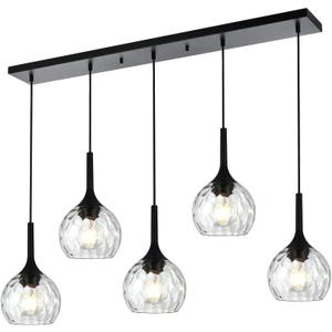 VINLUZ 5-Light Hanging Pendant Kitchen Island Light in Classic Black Finish with Ribbed Glass Shades, Modern Chandelier for Dining Room & Hallway