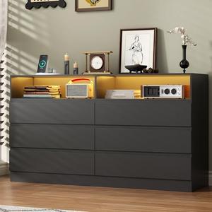 STIKELY 6 Drawer Dresser for Bedroom with Power Outlet, Black Dressers with LED Light, Dresser Chest of Drawers for Closet,Wooden Dressers Organizer Cabinet for Living Room,Entryway, Hallway