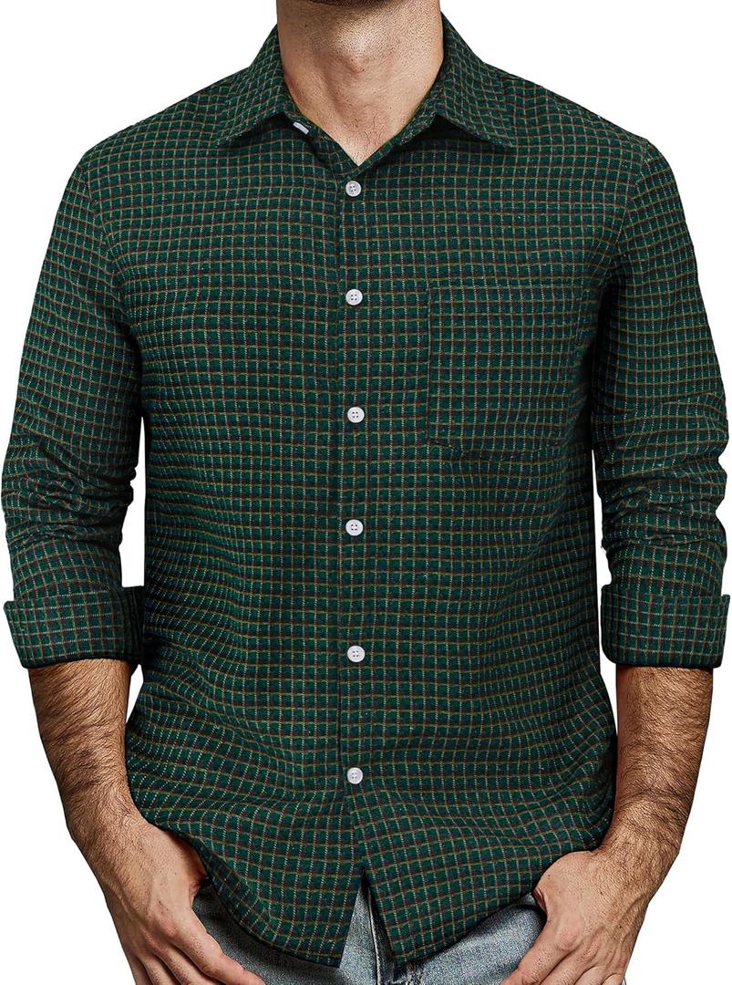 Mens Gingham Button Down Shirt Long Sleeve Dress Shirts Business Casual Shirts with Pockets (Large, Blackgreen)