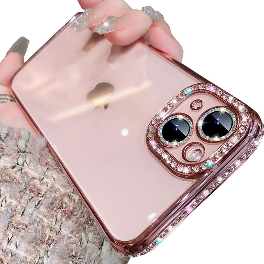 Clear Glitter Case for iPhone 15 Plus, Luxury Bling Sparkly Diamond Rhinestone with Camera Protector Soft TPU Plating Bumper Slim Transparent Women Girls Case for iPhone 15 Plus 6.7" (Pink)