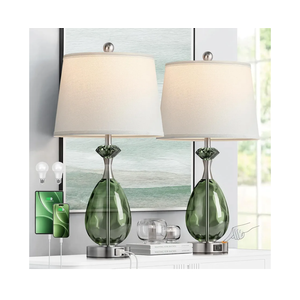 Coastal Glass Table Lamps Set of 2, 3Way Dimmable Touch Control Nautical Lamp with USB A+C Ports,Bedside Lamp Beach Decor,Nightstand Lamp with White Shade for Living Room Bedroom(LED Bulbs Included)