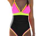 popvil One Piece Swimsuit 2025 Tummy Control Women Bathing Suit Shapewear Swimsuits Slimming Neon Cute Tie Back Swimwear (Small, Black4)