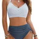 Blooming Jelly Womens High Waisted Bikini Sets Drawstring Tummy Control Swimsuits Crisscross Tie Back Bathing Suit (Large, Stripe Blue)