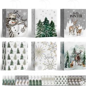Horaldaily 24 Christmas Gift Paper Bags Bulk with handles Wrapping, Christmas Trees Snow Snowman Deer Holiday Presents(24 Large)