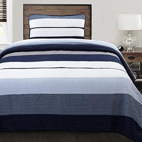 Cozy Line Home Fashions Tranquil Blue Gray Striped 100% Cotton Quilt Bedding Set, Reversible Coverlet, Bedspread (Rendon, Twin - 2 Piece)