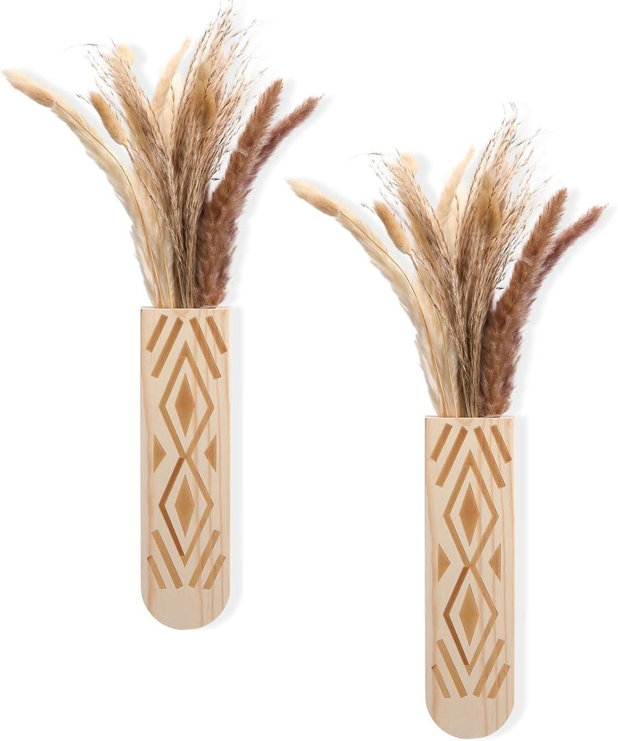 2 Pack Wooden Wall Planter Wooden Vase Set with Dried Reed Flowers Boho Wall Decor Indoor Farmhouse Decor for Entryways Hallways Bathrooms Living Rooms and Dining Rooms(Natural Wood Color)