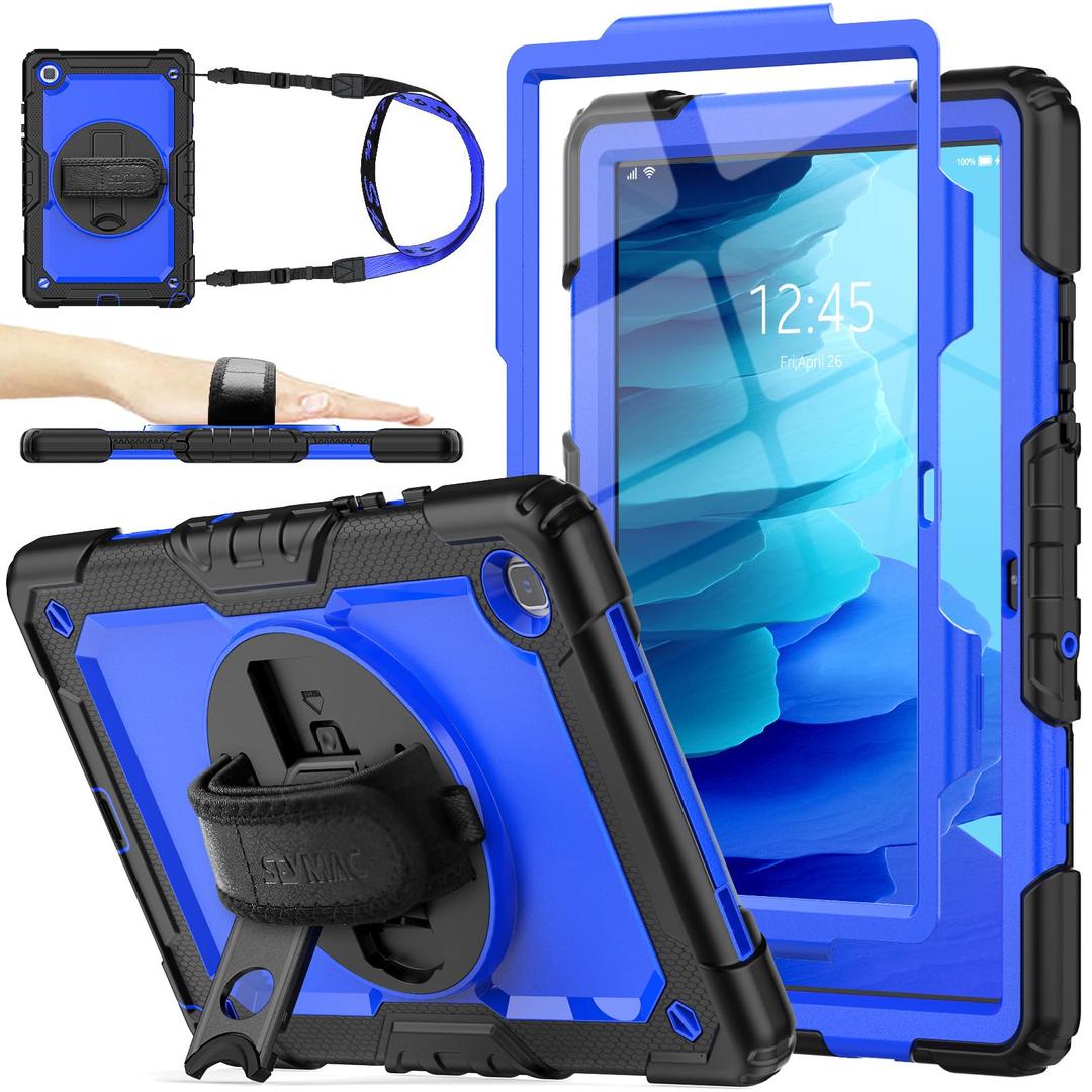 SEYMAC stock Case for Samsung Galaxy Tab A7 10.4 2022/2020 (T503/T509/T500/T505/T507) with Screen Protector, 360 Rotating Stand & Hand Strap, Drop-Proof Case, Blue/Black