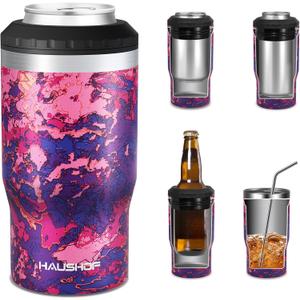 HAUSHOF Can Cooler, 12 oz Slim Can Cooler, 4 in 1 Insulated Beer Can Cooler, Fits for 12 oz Standard Can|12 oz Slim Can|12 oz Beer Bottle, Perfect for Camping, Beach, Picnic (Camo Red)
