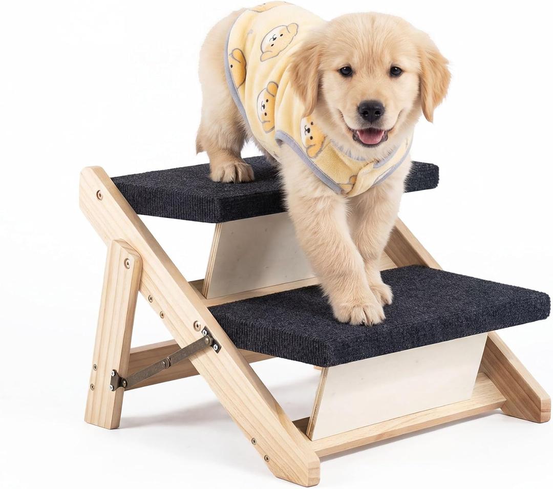 MEWANG Wood Pet Stairs & Ramp for Small/Medium Dogs and Cats, Aging Pets 2-in-1 Foldable, Portable, Non-Slip Pet Ladder for Tall Beds, Couches,CarsHolds Up to 220 lbs (17.3" L x 17.2" W x 13.0" H)
